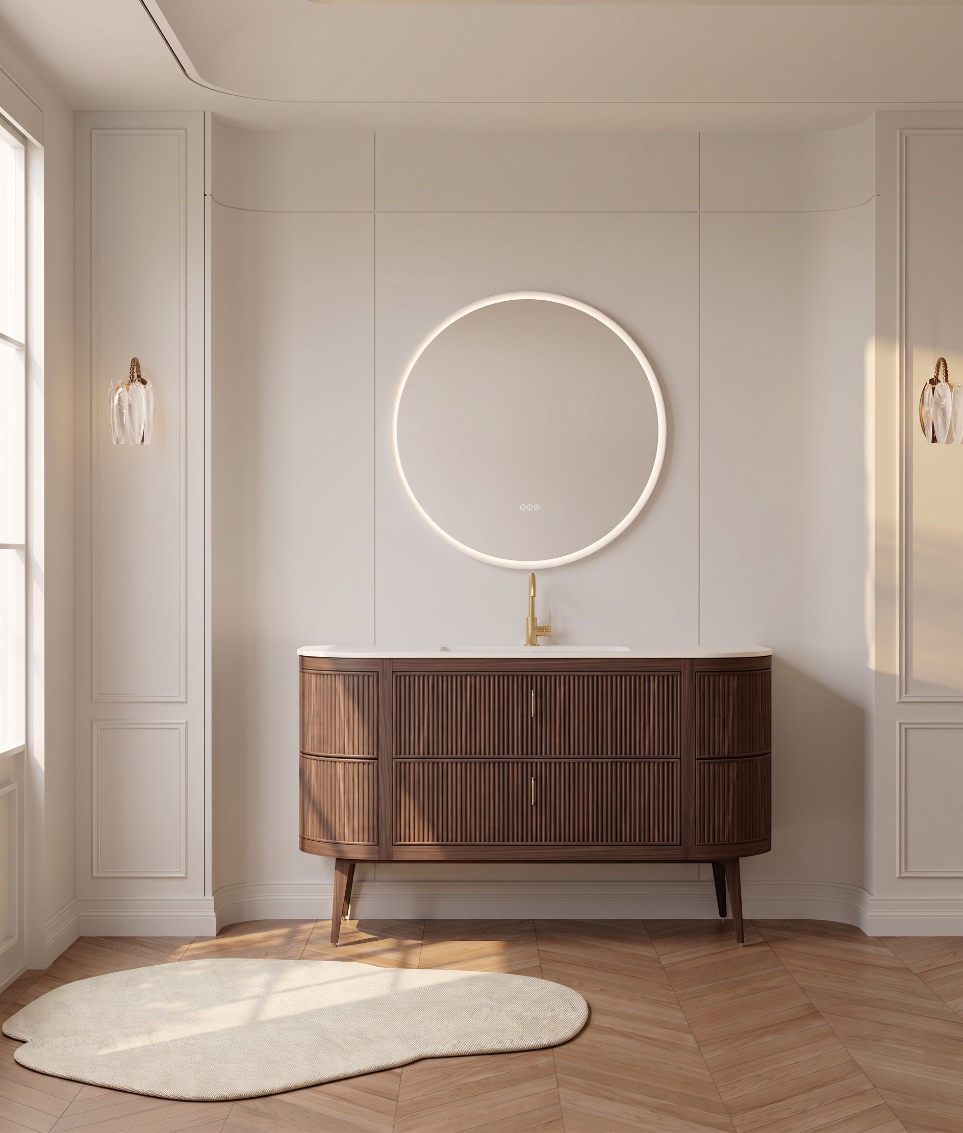 60" Walnut Curved Fluted Bathroom Vanity - Matte White Countertop