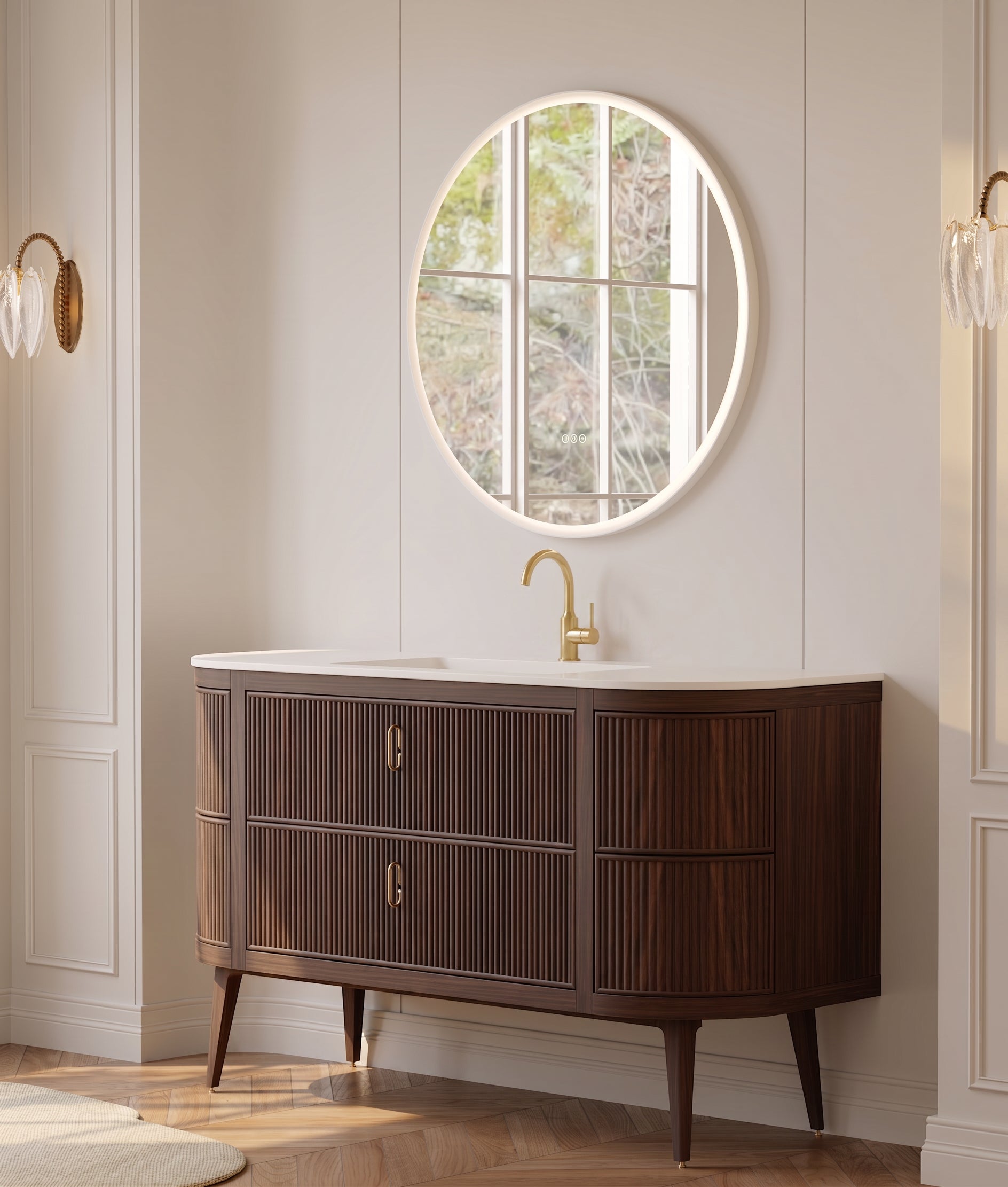 60" Walnut Curved Fluted Bathroom Vanity - Matte White Countertop