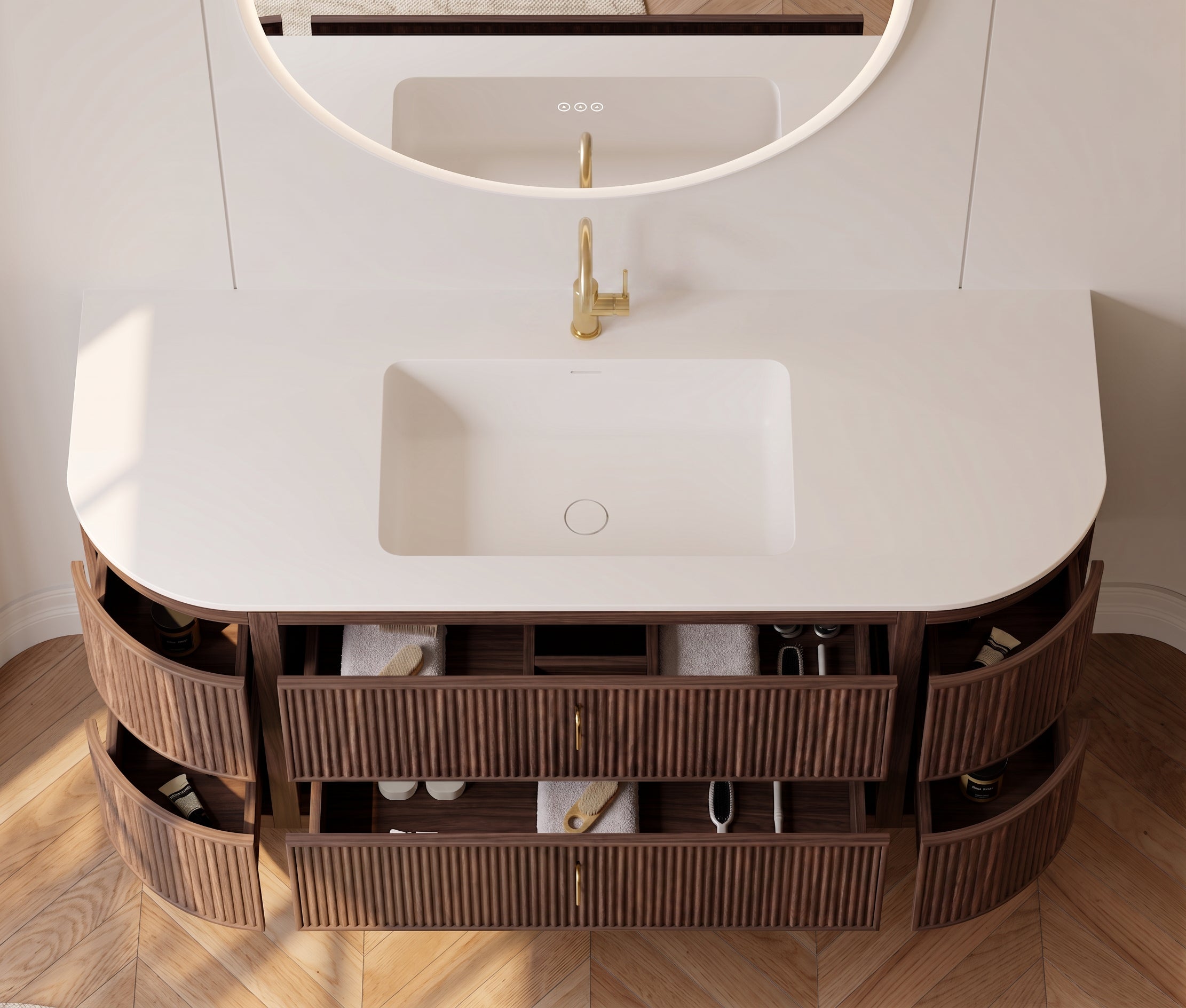 60" Walnut Curved Fluted Bathroom Vanity - Matte White Countertop