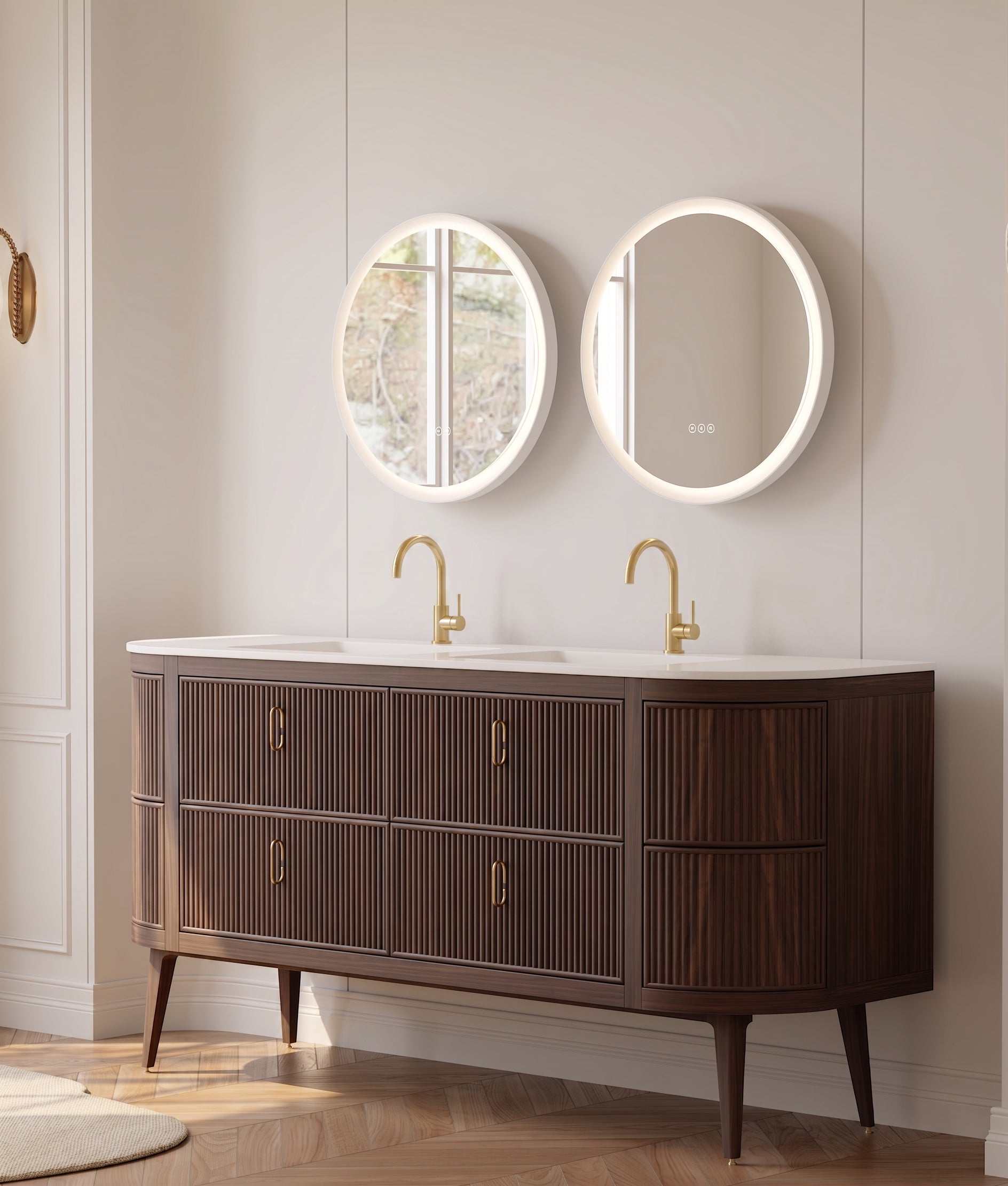 72" Walnut Curved Fluted Bathroom Vanity - Matte White Countertop