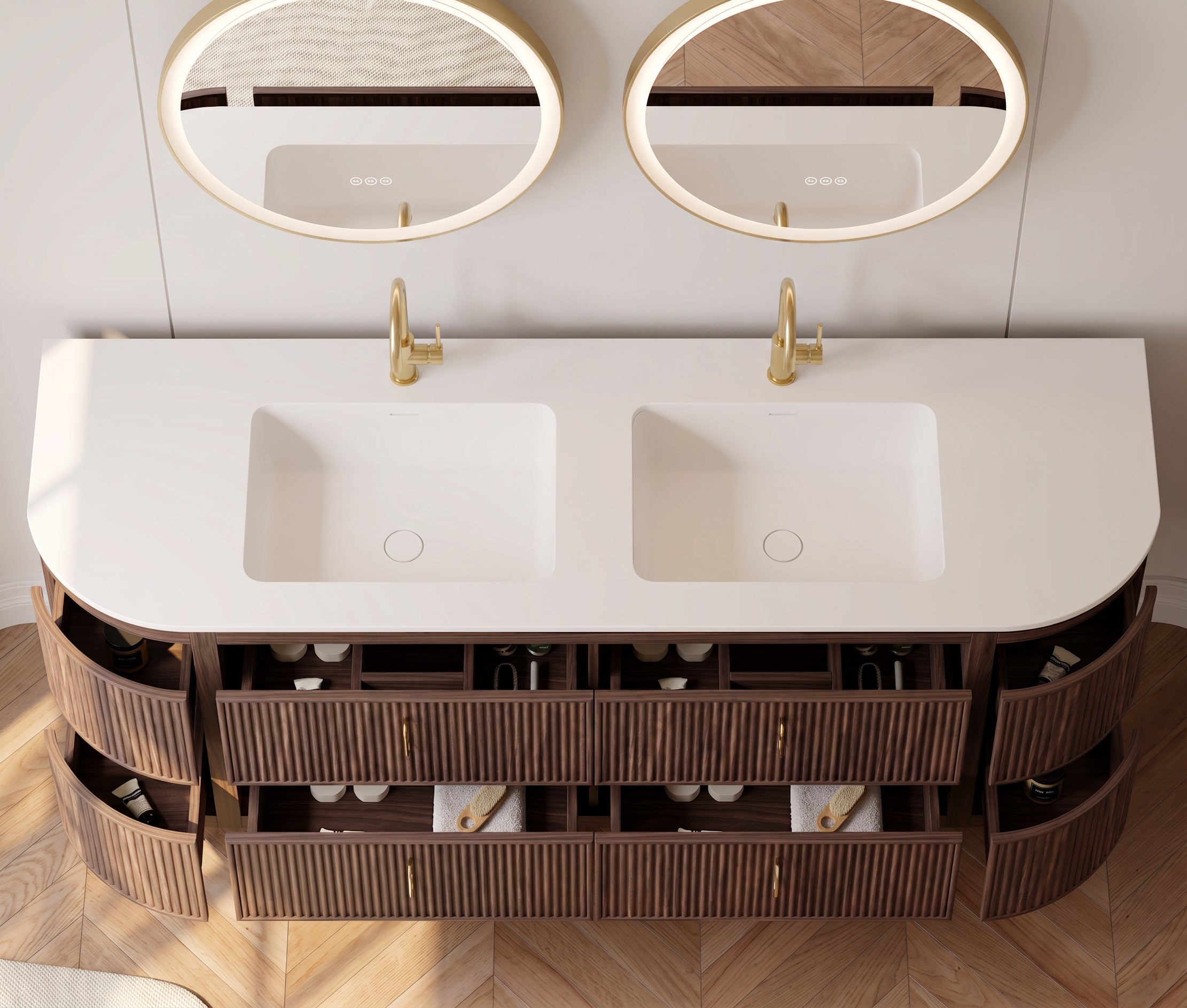 72" Walnut Curved Fluted Bathroom Vanity - Matte White Countertop