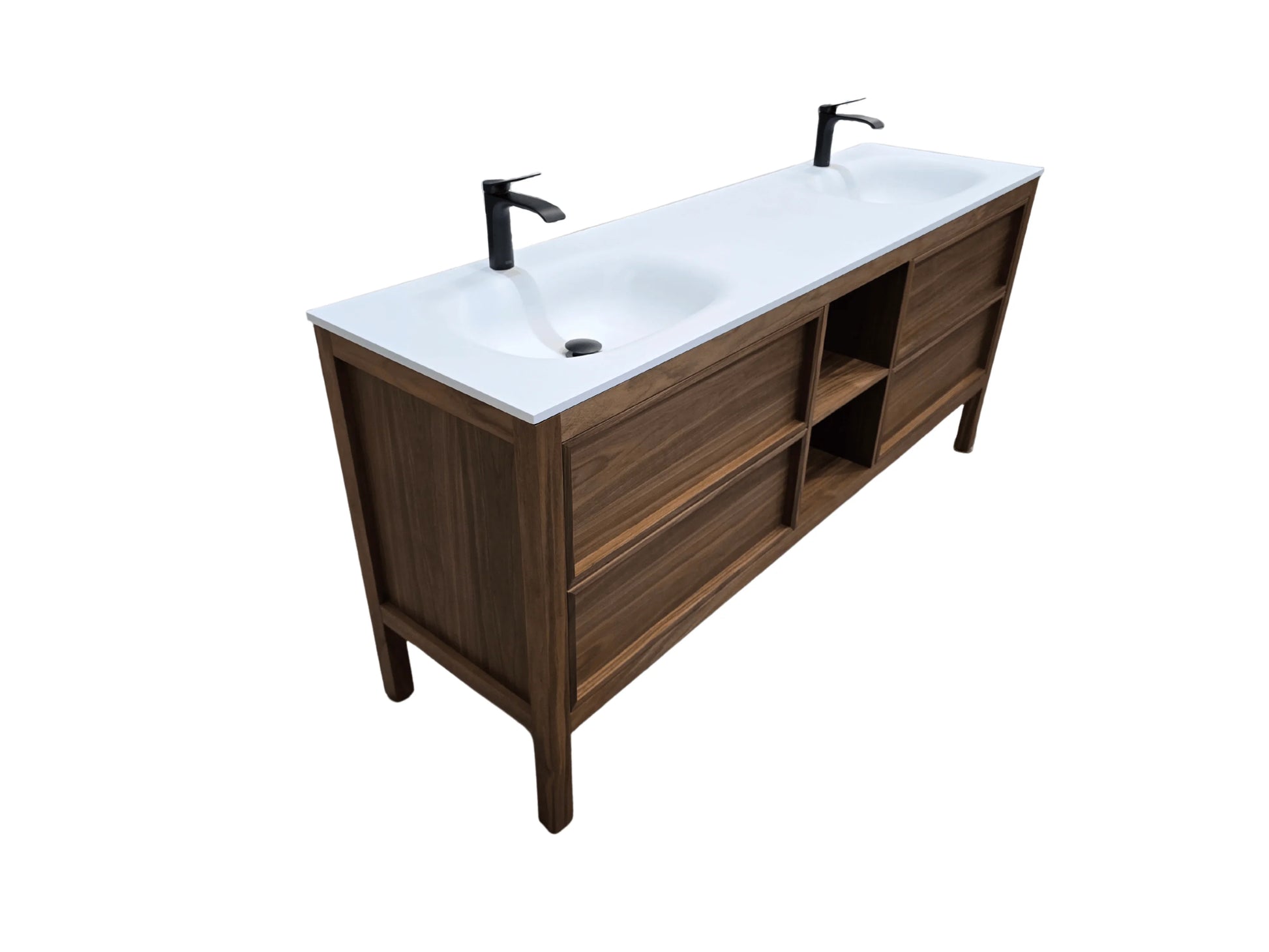 72" Natural Walnut Freestanding Double Sink Bathroom Vanity with White Solid Surface Countertop Vista - Golden Elite Deco