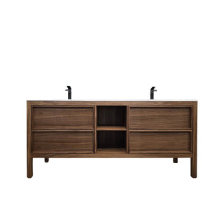 72" Natural Walnut Freestanding Double Sink Bathroom Vanity with White Solid Surface Countertop