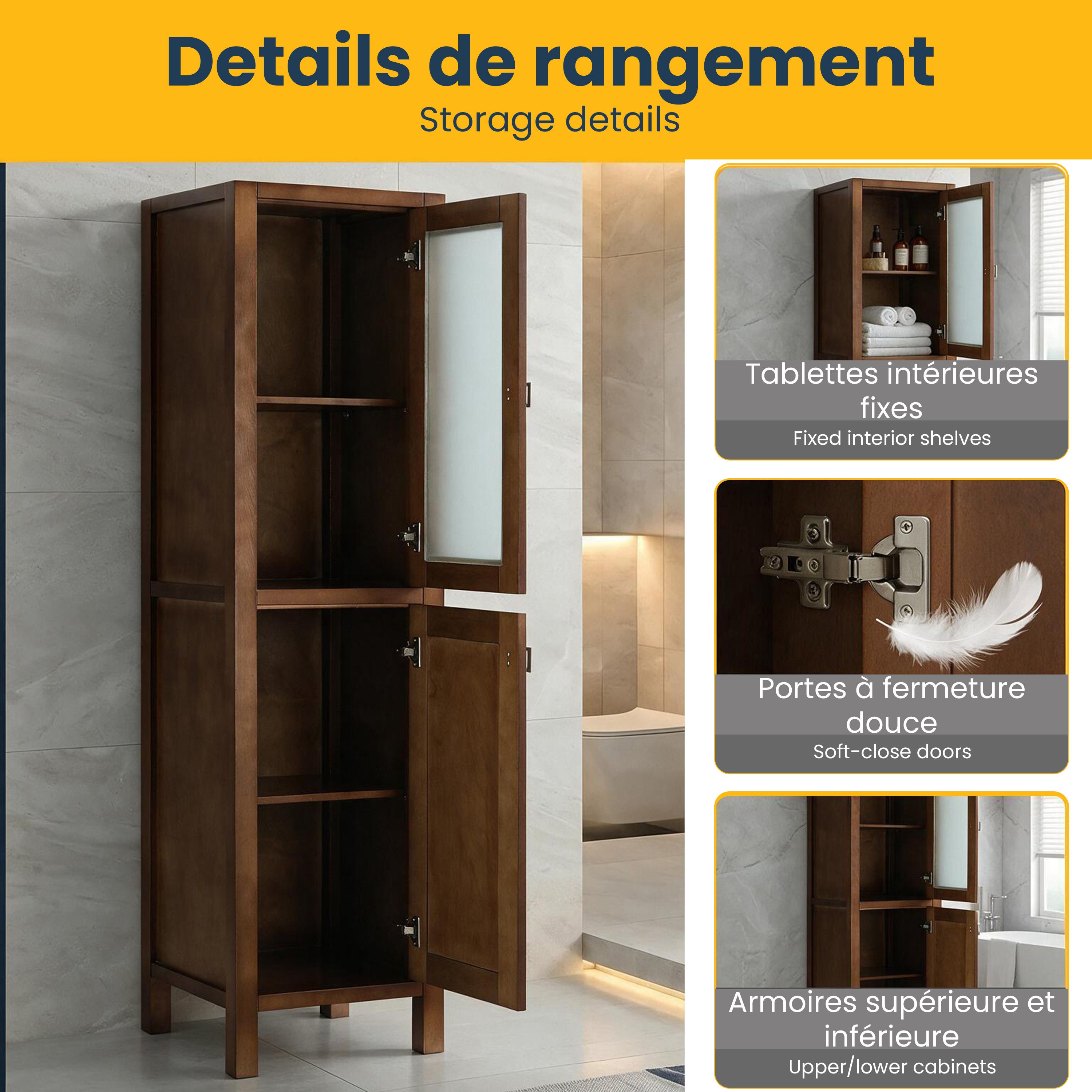 Colonne de rangement autoportante 17po en noyer avec fermeture amortie