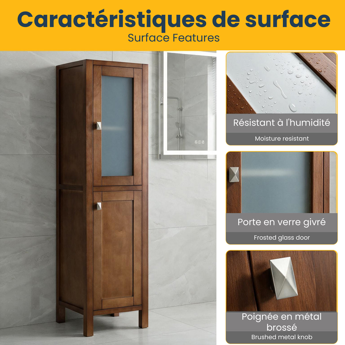 Colonne de rangement autoportante 17po en noyer avec fermeture amortie