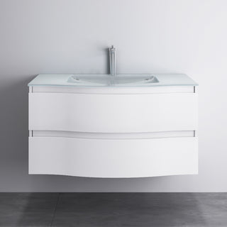 48" Matte White Wall Mount Single Sink Bathroom Vanity with White Glass Countertop