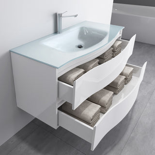 Meuble-Lavabo Mural 48po Blanc Mat avec Comptoir de Verre Blanc