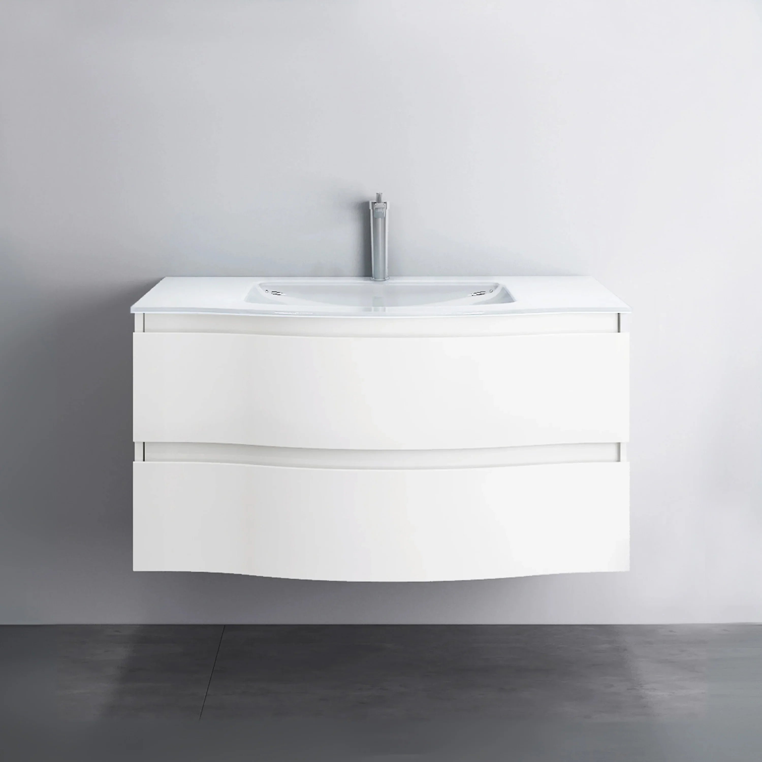 48" Matte White Wall Mount Single Sink Bathroom Vanity with White Glass Countertop