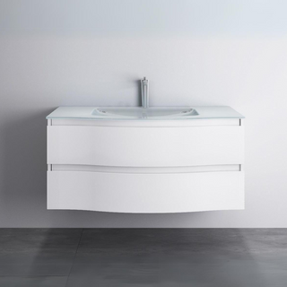 48" White Wall Mount Single Sink Bathroom Vanity with White Glass Countertop Wave