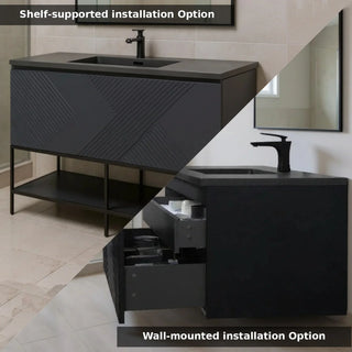 48" Black Wall Mount Bathroom Vanity with Black Engineered Quartz Countertop