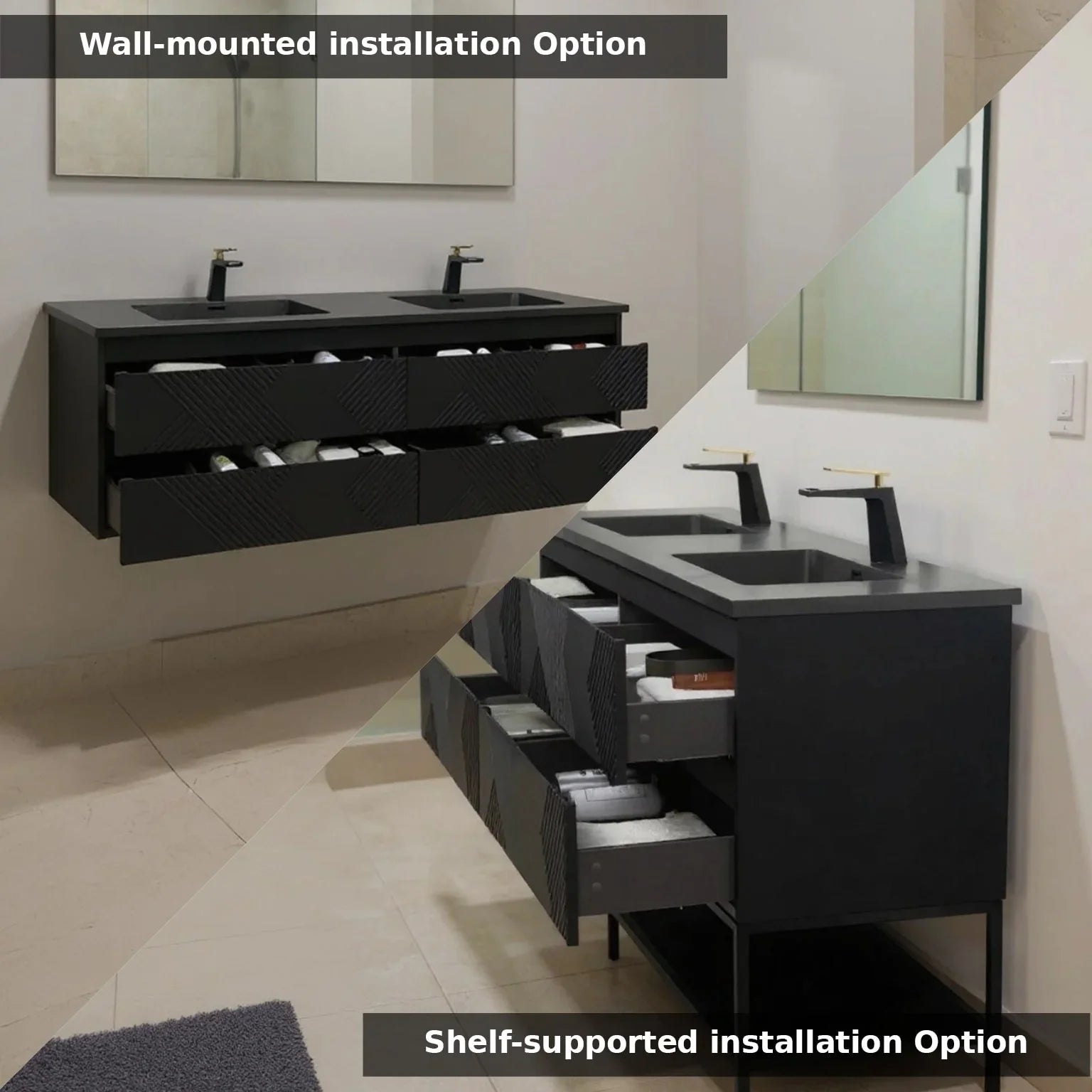 Meuble-Lavabo Double Mural 72po Noir avec Comptoir de Quartz d'ingénierie Noir