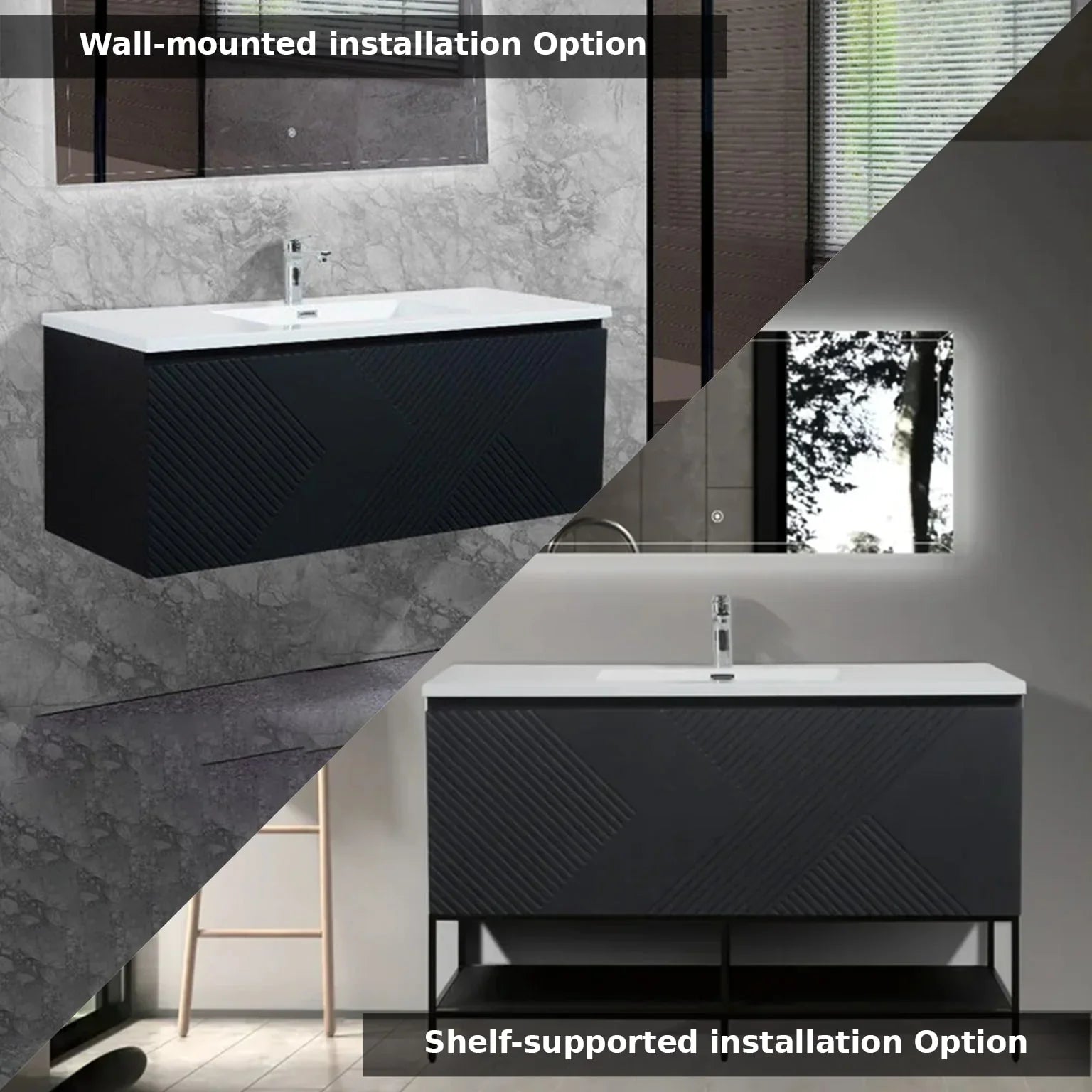 48" Black Wall Mount Bathroom Vanity with White Polymarble Countertop