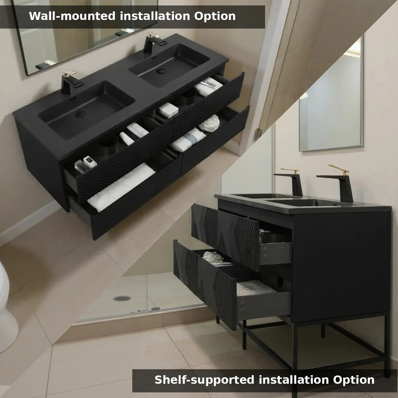 Meuble-lavabo mural noir 60" avec Comptoir en quartz technique noir