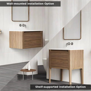 Meuble-Lavabo Mural 30po Noyer avec Comptoir en Surface Solide Mat Blanc