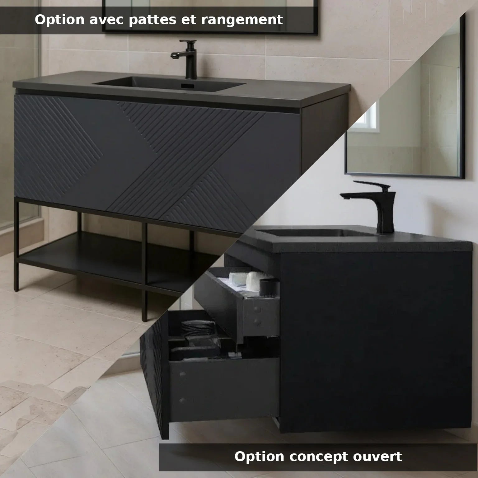 Meuble-Lavabo Mural 48po Noir avec Comptoir de Quartz d'ingénierie Noir