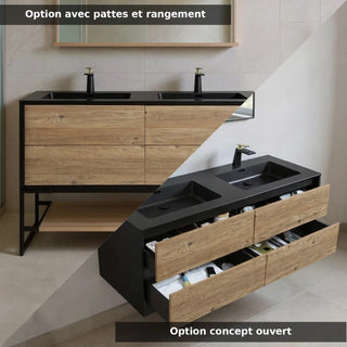 Meuble-Lavabo Mural 60po Noir et Chêne Brut avec Comptoir de Quartz d'ingénierie Noir 