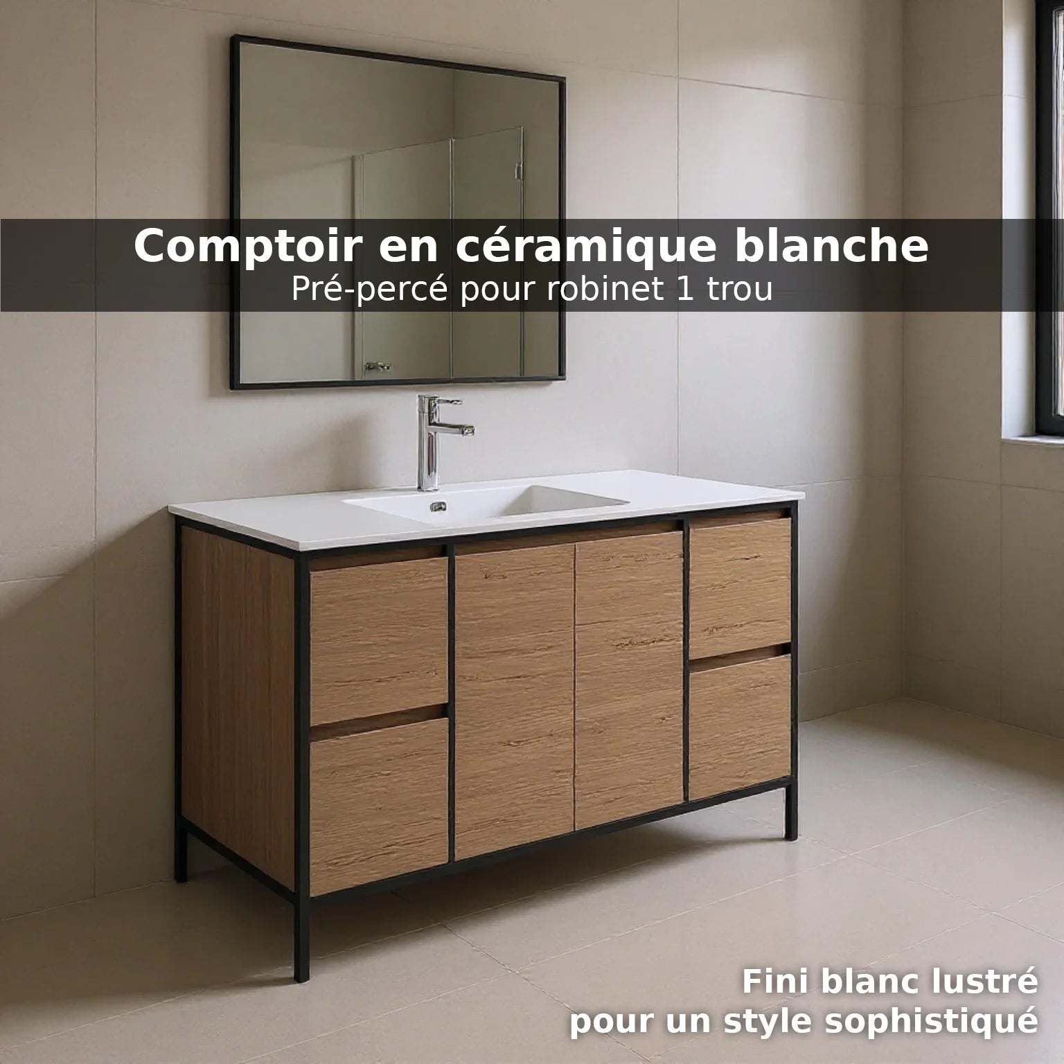 48" Rough Oak Freestanding Single Sink Bathroom Vanity with White Ceramic Countertop and Black Metal Frame