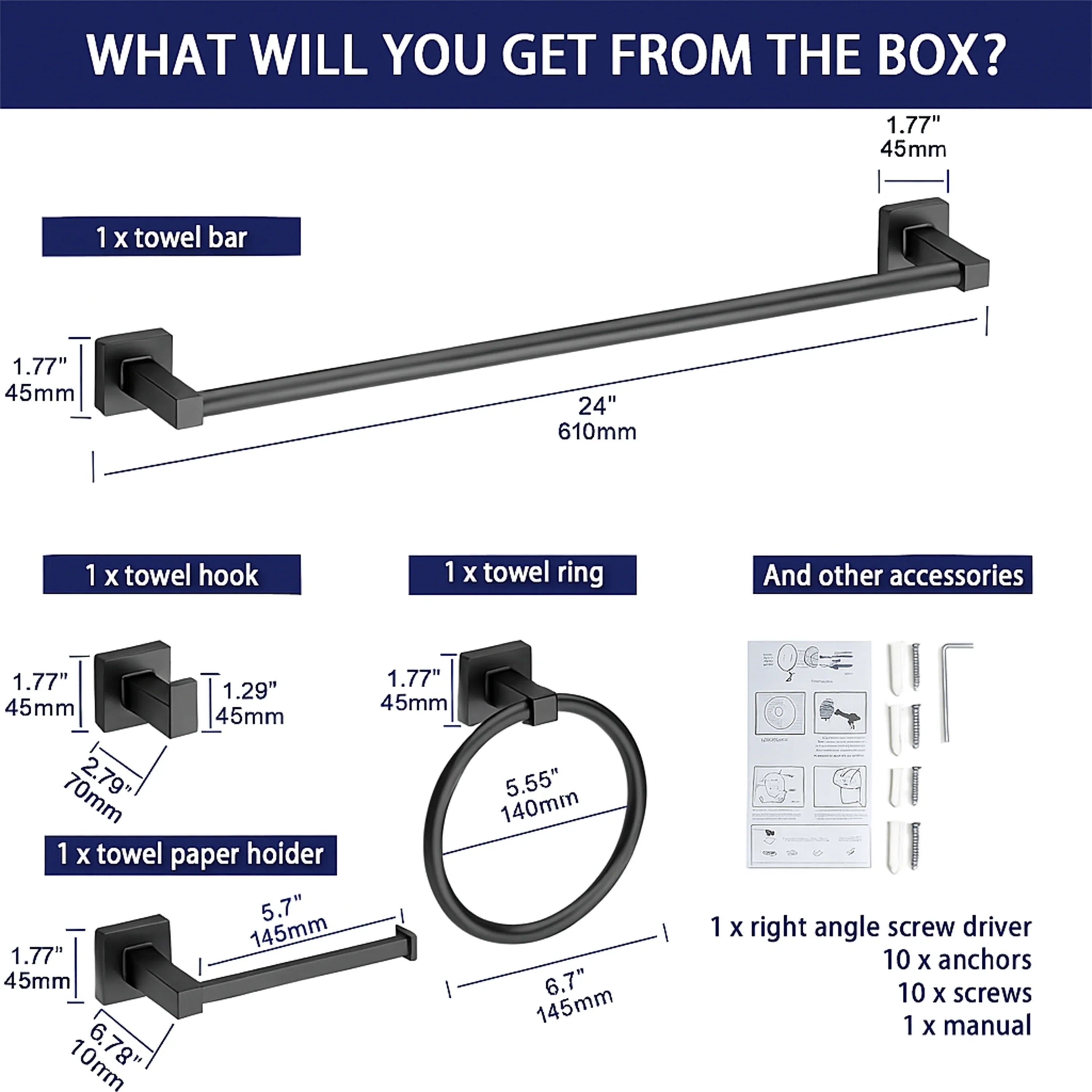 Ensemble d'accessoires de Salle de Bain 4 Pièces en Acier Inoxydable Noir Mat