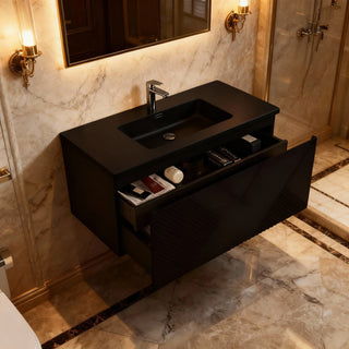 Meuble-lavabo mural noir 40" avec Comptoir en quartz noir conçu Roxboro