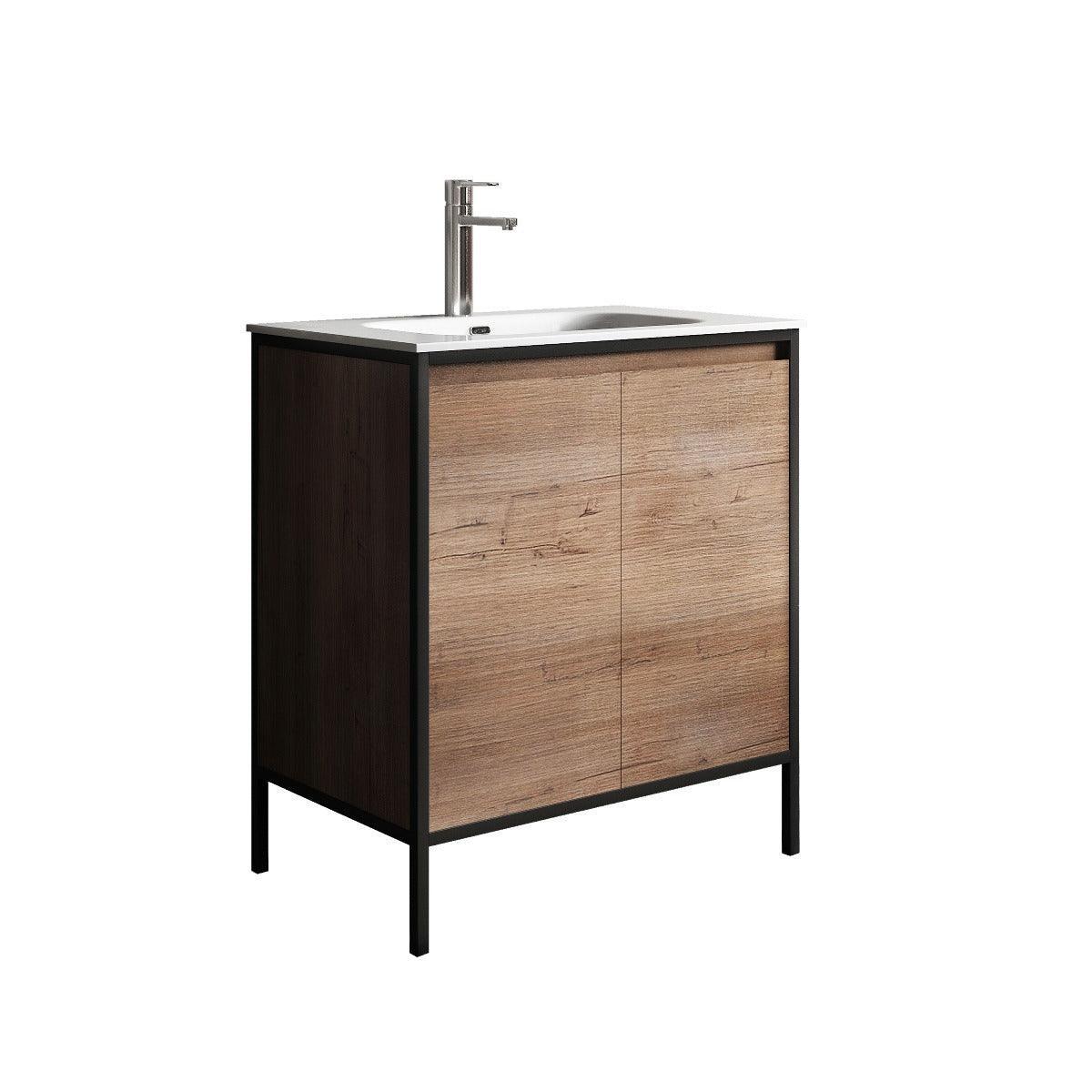 30" Rough Oak and Black Metal Frame Freestanding Single Sink Bathroom Vanity with White Ceramic Countertop - Golden Elite Deco