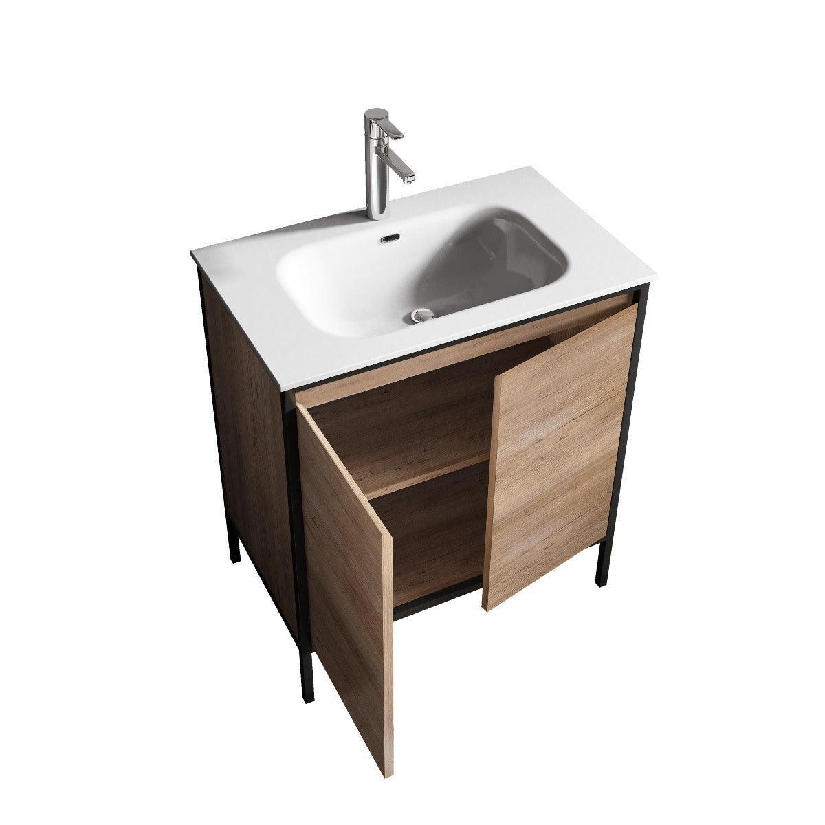 30" Rough Oak and Black Metal Frame Freestanding Single Sink Bathroom Vanity with White Ceramic Countertop - Golden Elite Deco