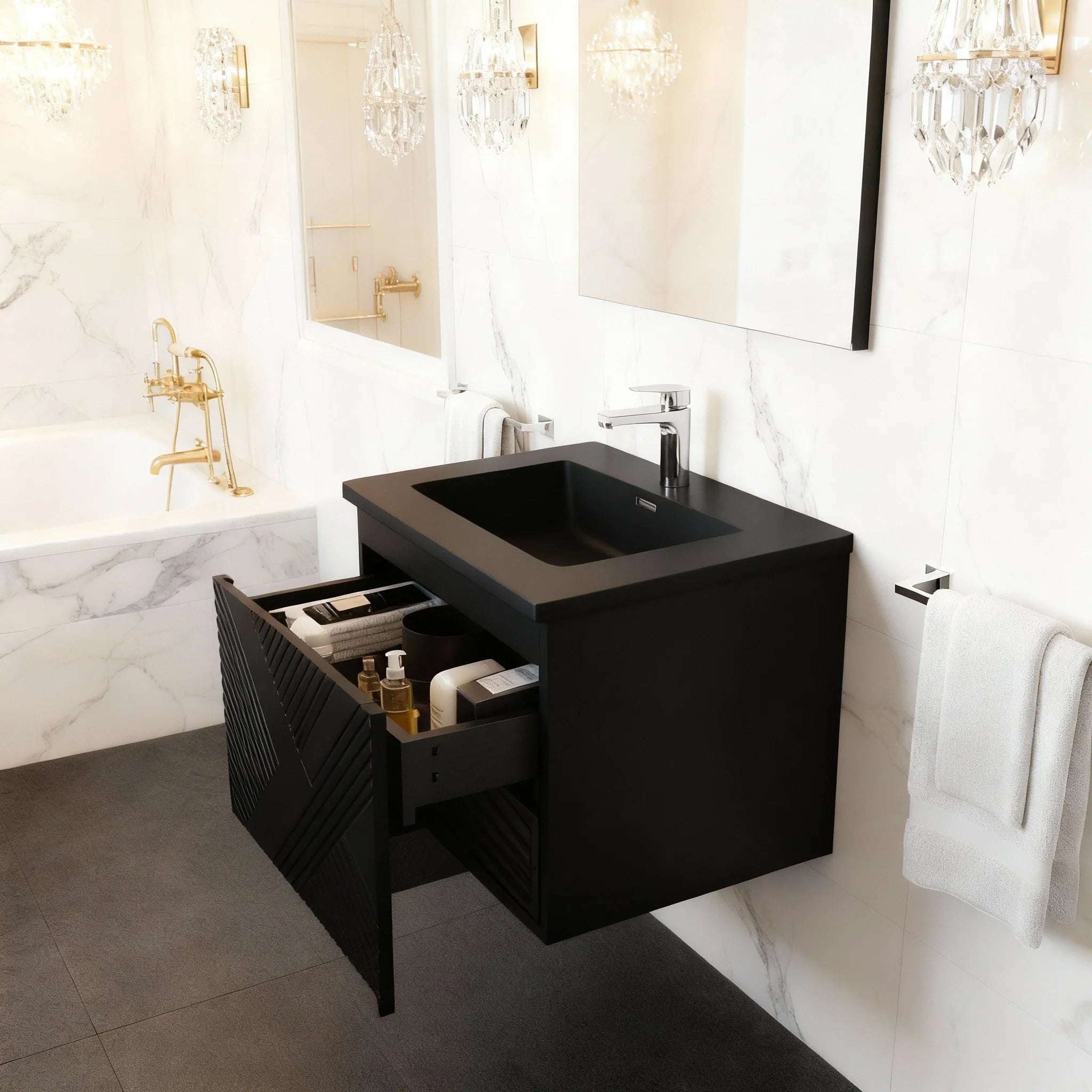 Meuble-lavabo mural noir 36" avec Comptoir en quartz noir conçu Roxboro