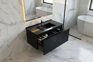 Meuble-lavabo mural noir 40" avec Comptoir en quartz noir conçu Roxboro
