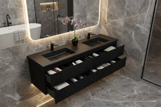 Meuble-Lavabo Double Mural 72po Noir avec Comptoir de Quartz d'ingénierie Noir