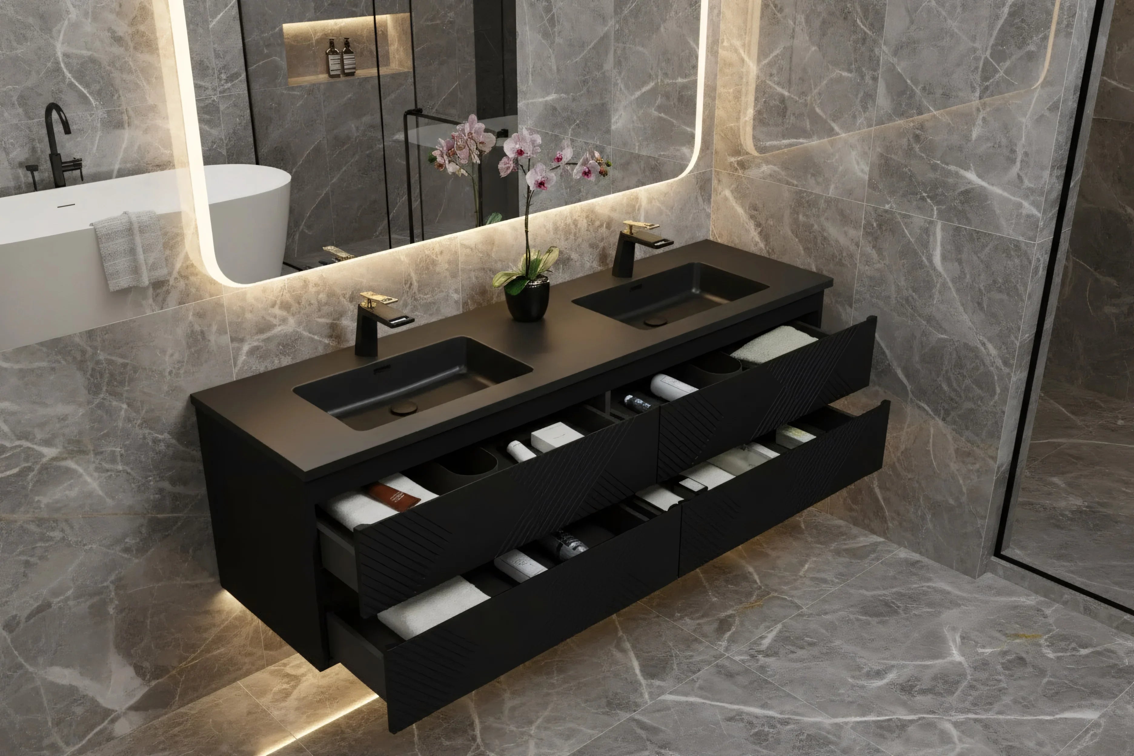 Meuble-Lavabo Double Mural 72po Noir avec Comptoir de Quartz d'ingénierie Noir