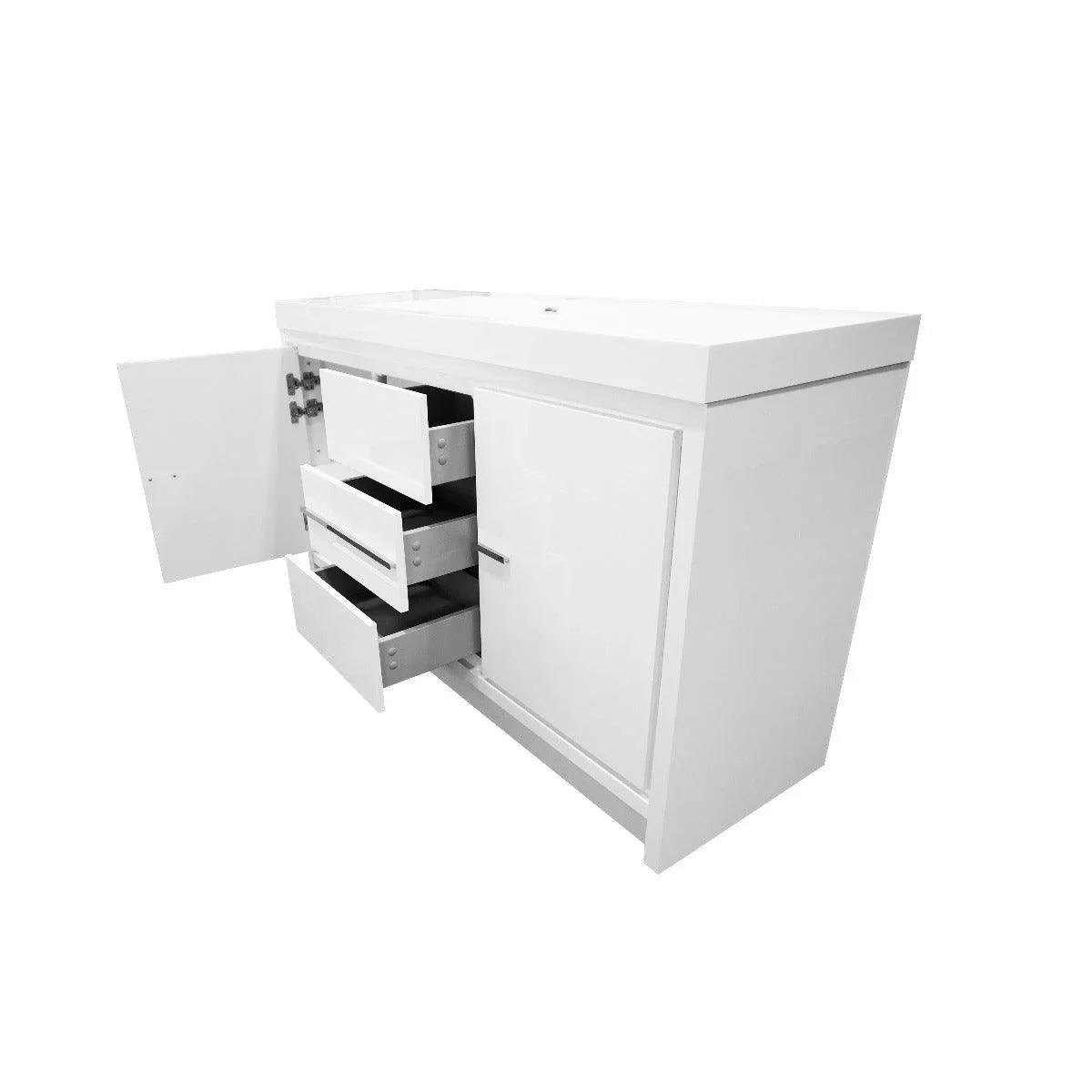 60" Glossy White Freestanding Single Sink Bathroom Vanity with White Polymarble Countertop - Golden Elite Deco