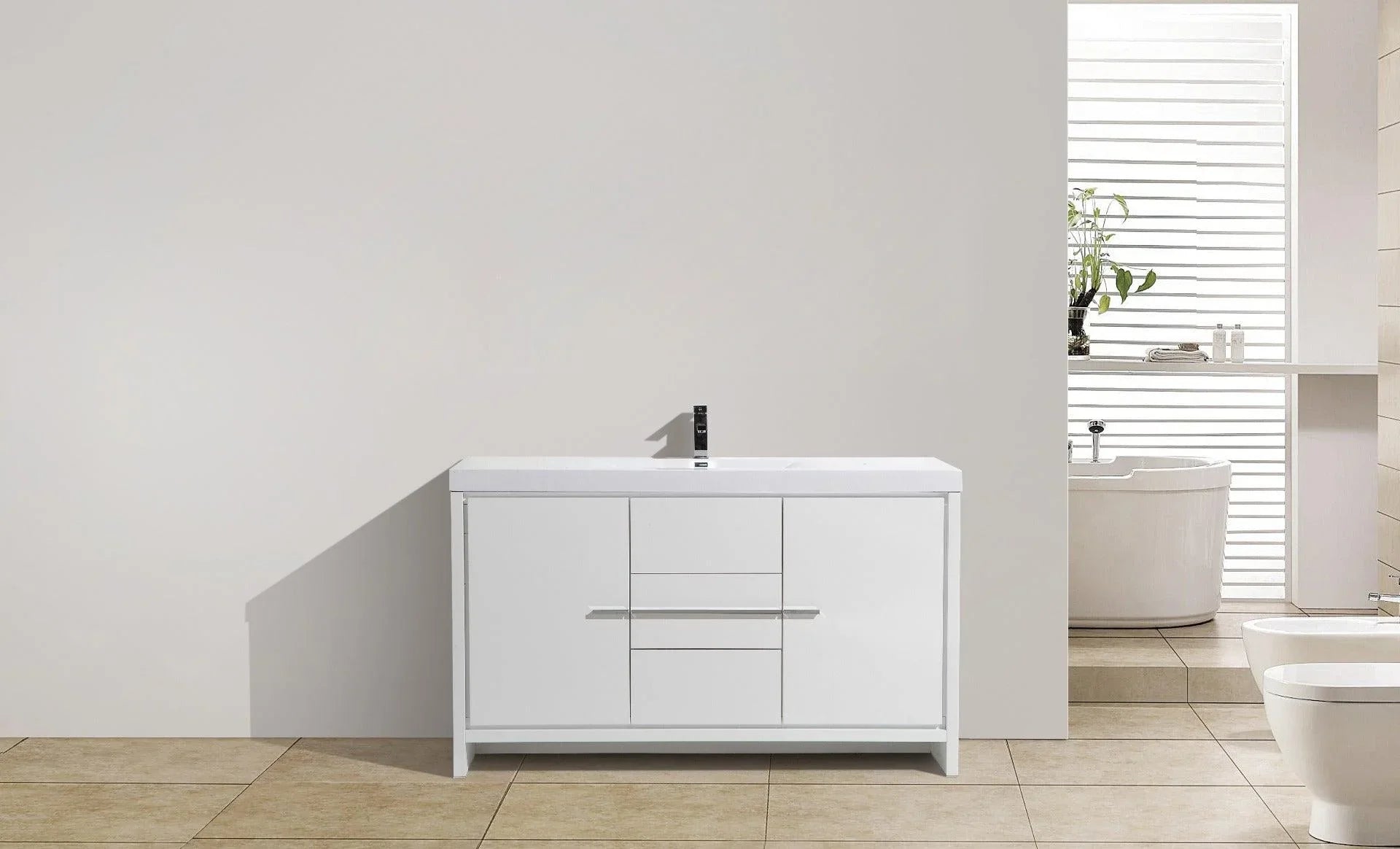 60" Glossy White Freestanding Single Sink Bathroom Vanity with White Polymarble Countertop - Golden Elite Deco