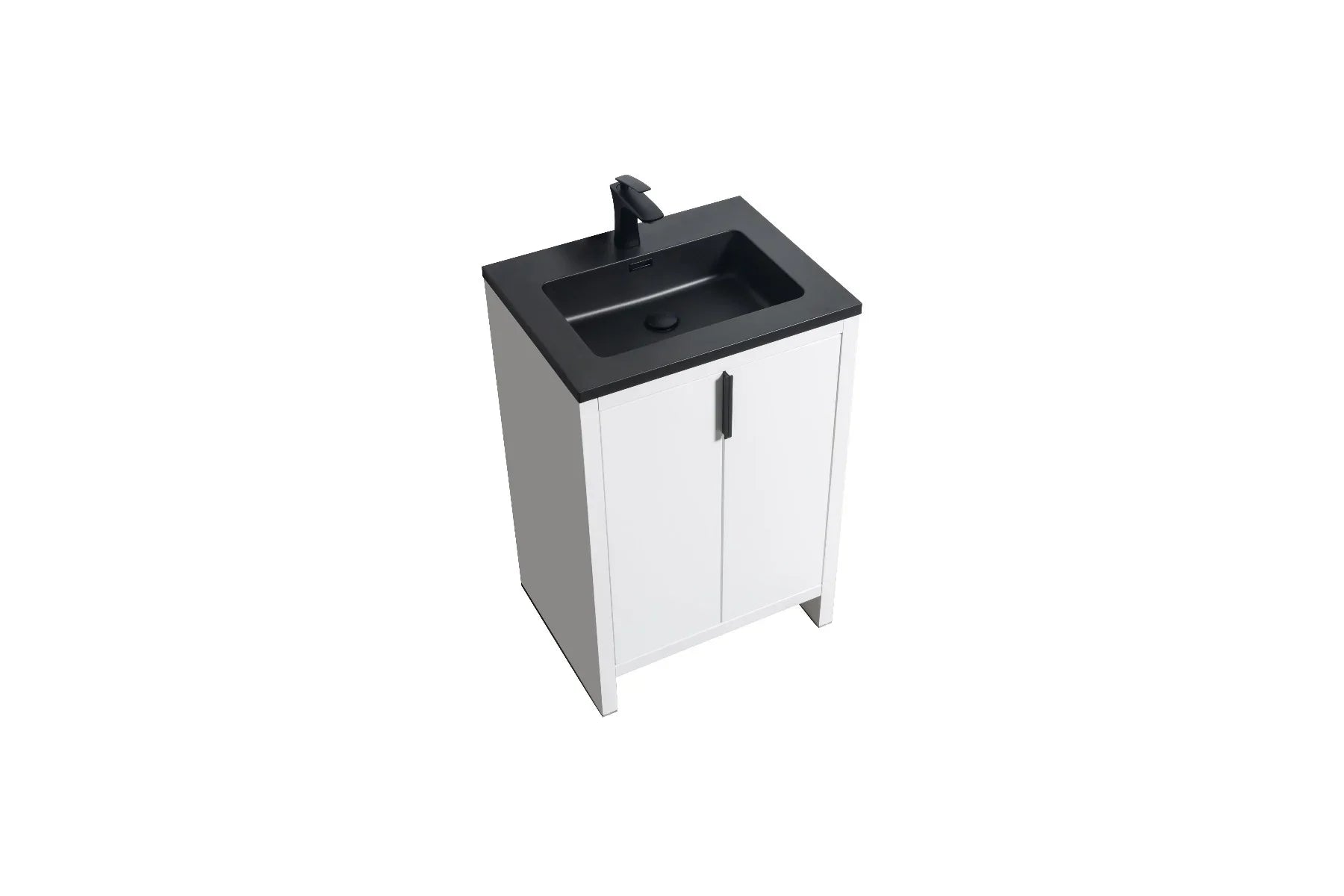 Meuble-Lavabo Autoportant 24po Blanc Brillant avec Comptoir en Quartz Noir