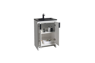 Meuble-lavabo autoportant blanc brillant de 24 po avec comptoir en quartz d'ingénierie noir Alaska