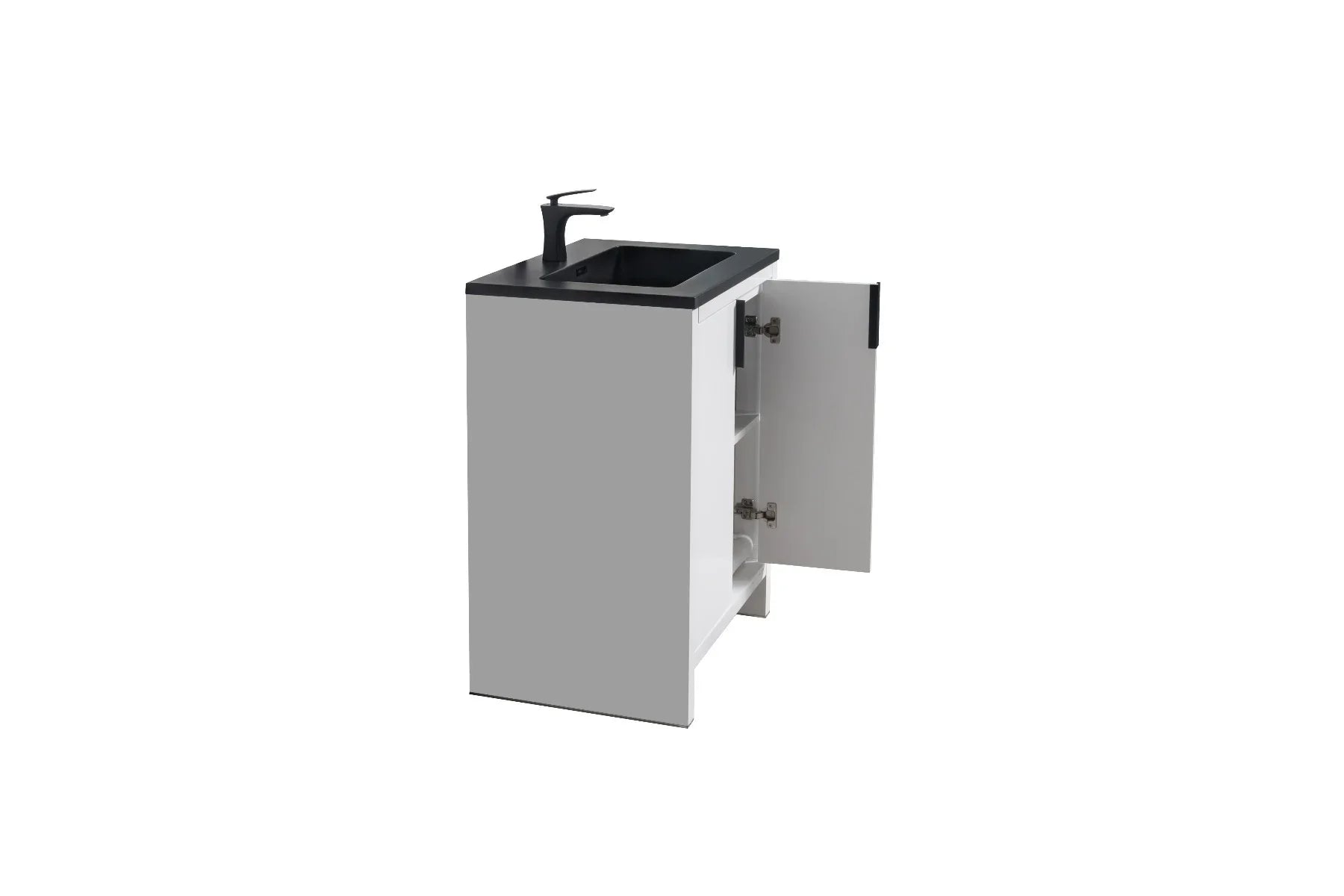 Meuble-Lavabo Autoportant 24po Blanc Brillant avec Comptoir en Quartz Noir