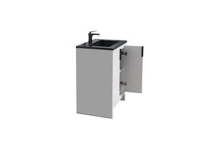 Meuble-lavabo autoportant blanc brillant de 24 po avec comptoir en quartz d'ingénierie noir Alaska