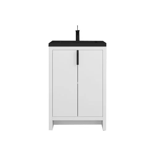 Meuble-Lavabo Autoportant 24po Blanc Brillant avec Comptoir en Quartz Noir