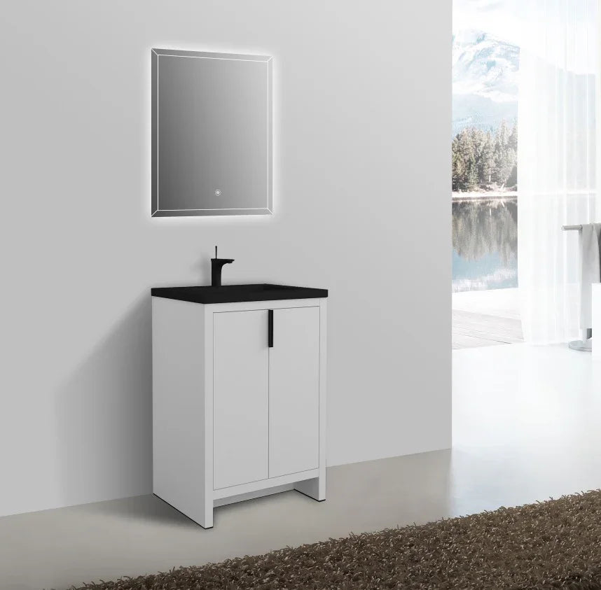 Meuble-Lavabo Autoportant 24po Blanc Brillant avec Comptoir en Quartz Noir