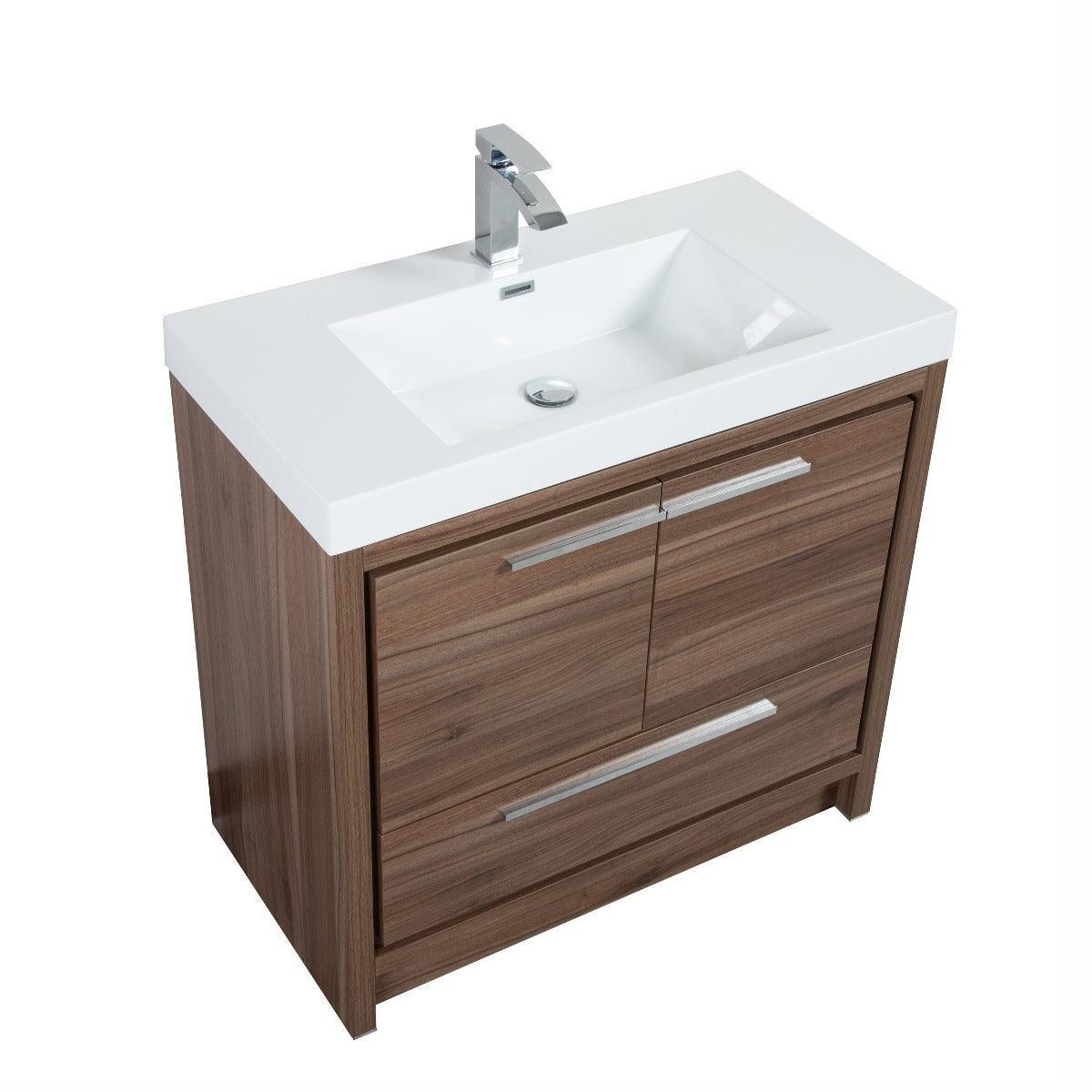 36" Walnut Freestanding Bathroom Vanity with White Polymarble Countertop - Golden Elite Deco
