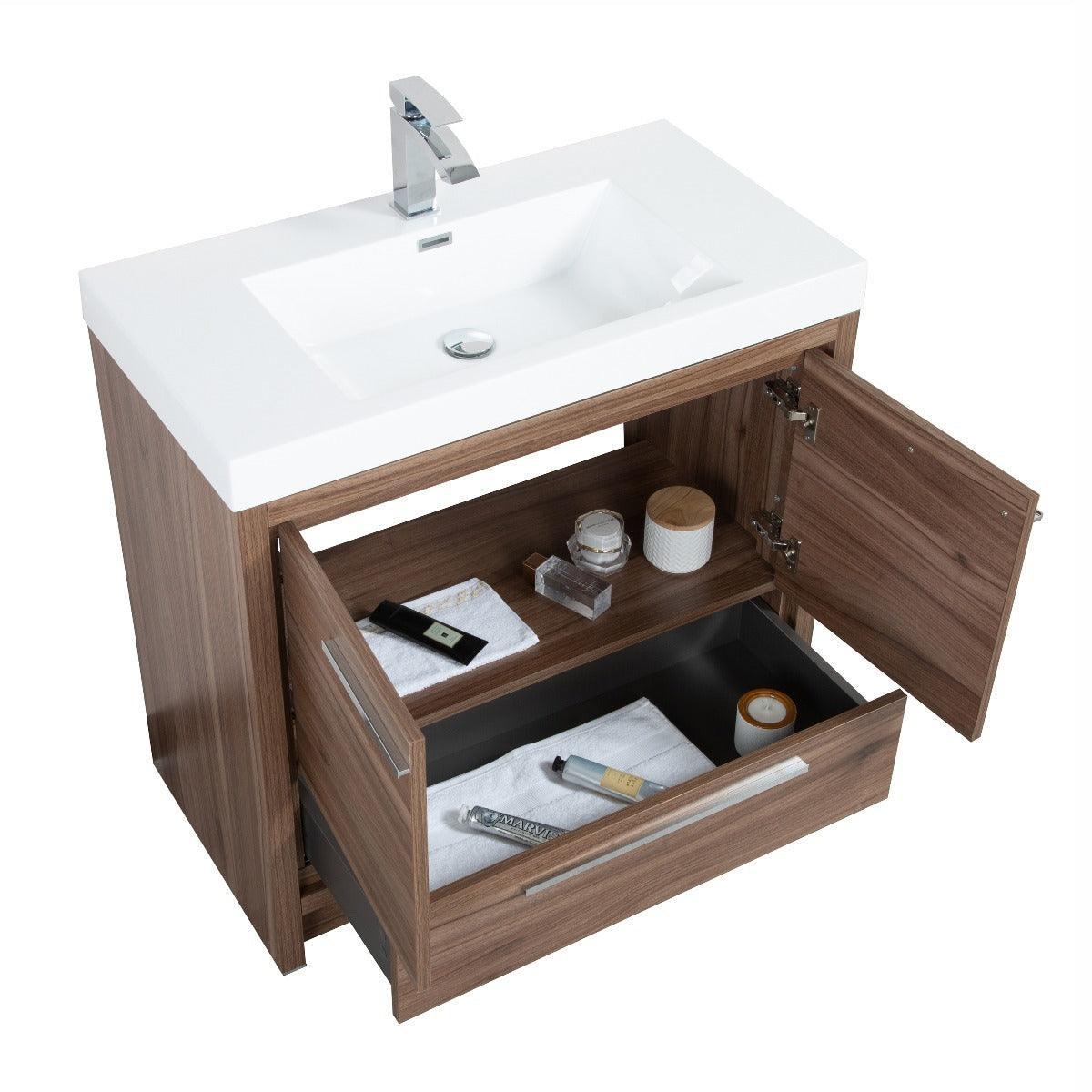 36" Walnut Freestanding Bathroom Vanity with White Polymarble Countertop - Golden Elite Deco