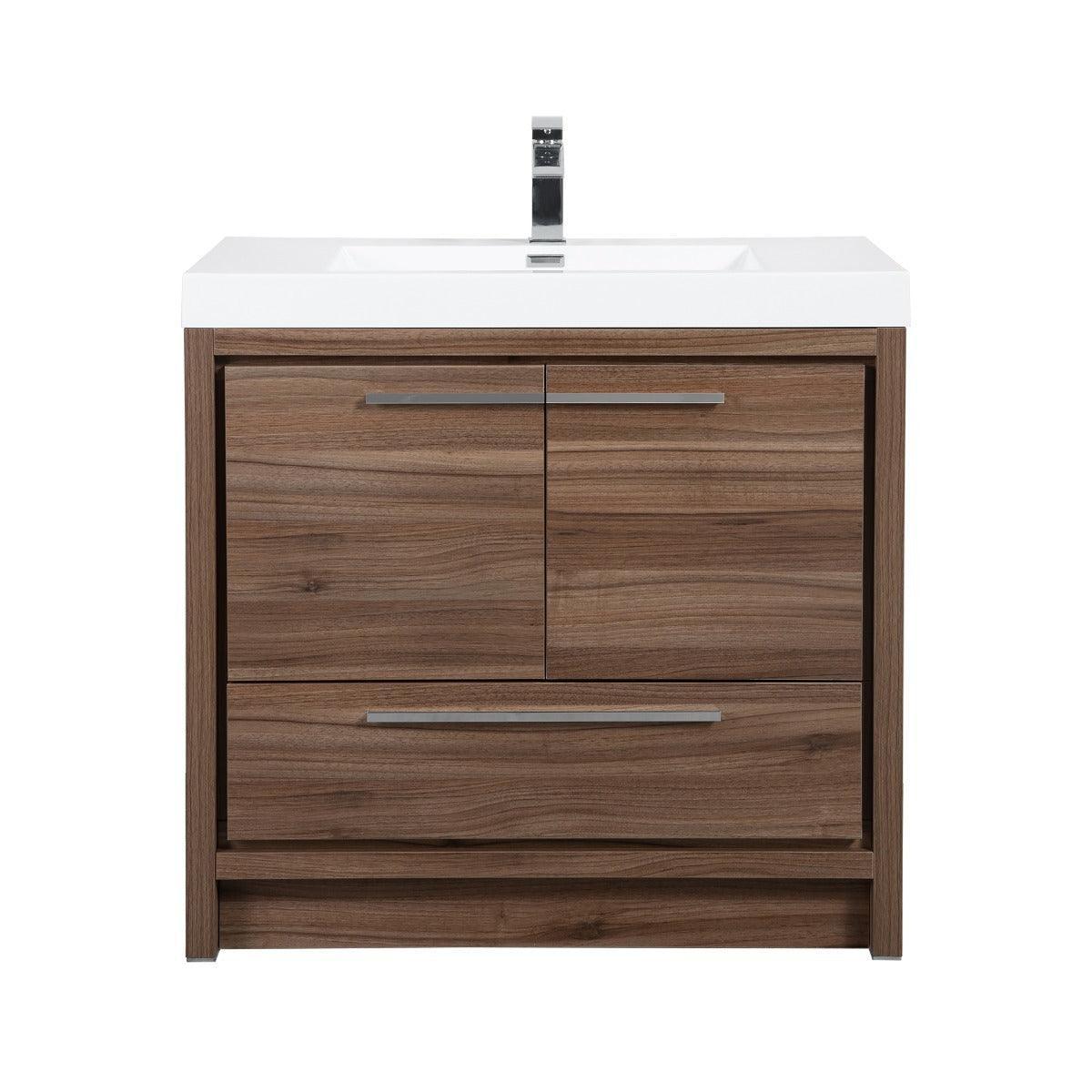 36" Walnut Freestanding Bathroom Vanity with White Polymarble Countertop - Golden Elite Deco