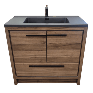 36" Walnut Freestanding Bathroom Vanity with Black Engineered Quartz Countertop - Golden Elite Deco