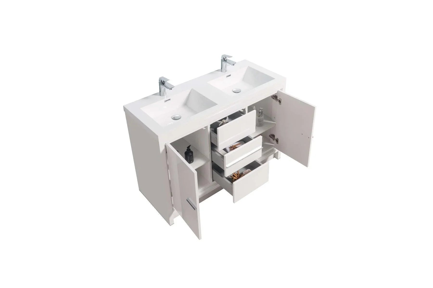 48" Glossy White Freestanding Double Sink Bathroom Vanity with White Polymarble Countertop - Golden Elite Deco