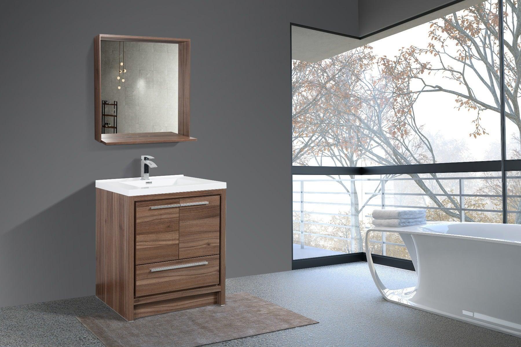 30" Walnut Freestanding Bathroom Vanity with White Polymarble Countertop - Golden Elite Deco