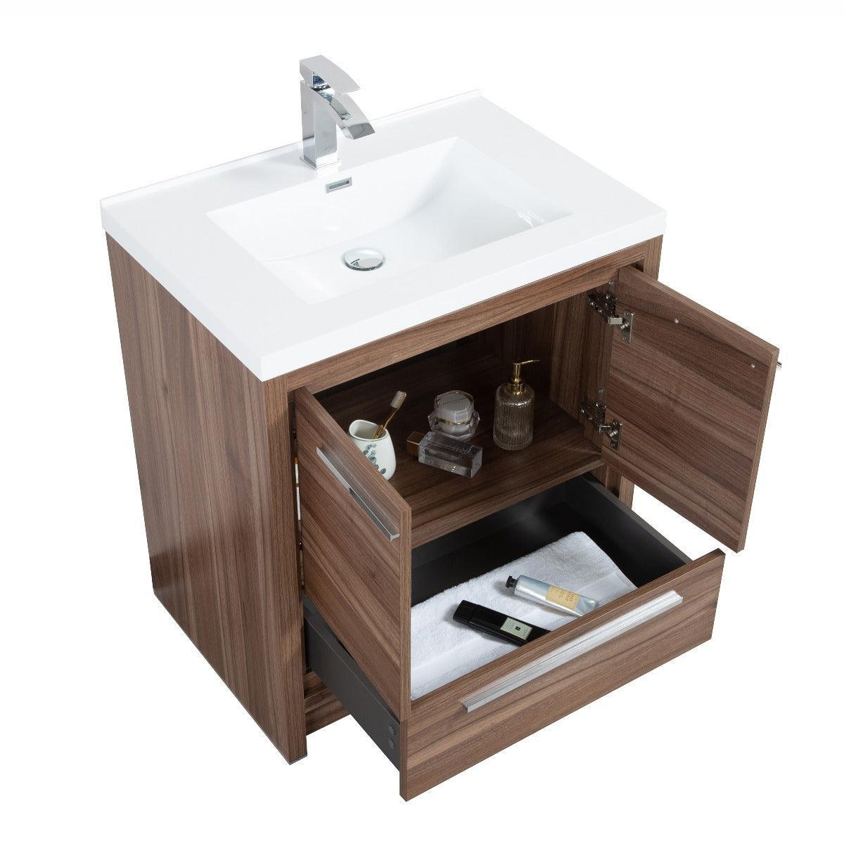 30" Walnut Freestanding Bathroom Vanity with White Polymarble Countertop - Golden Elite Deco