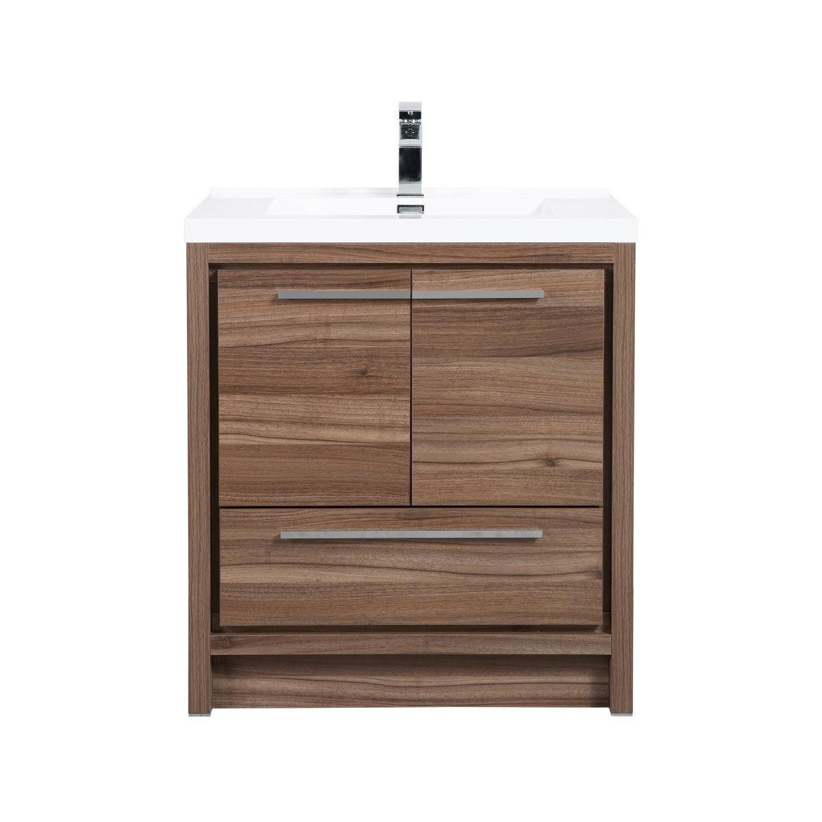 30" Walnut Freestanding Bathroom Vanity with White Polymarble Countertop - Golden Elite Deco