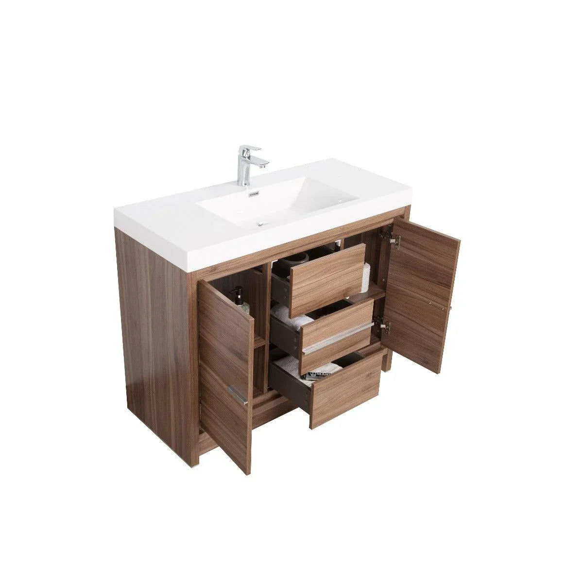 42" Walnut Freestanding Bathroom Vanity with White Polymarble Countertop - Golden Elite Deco