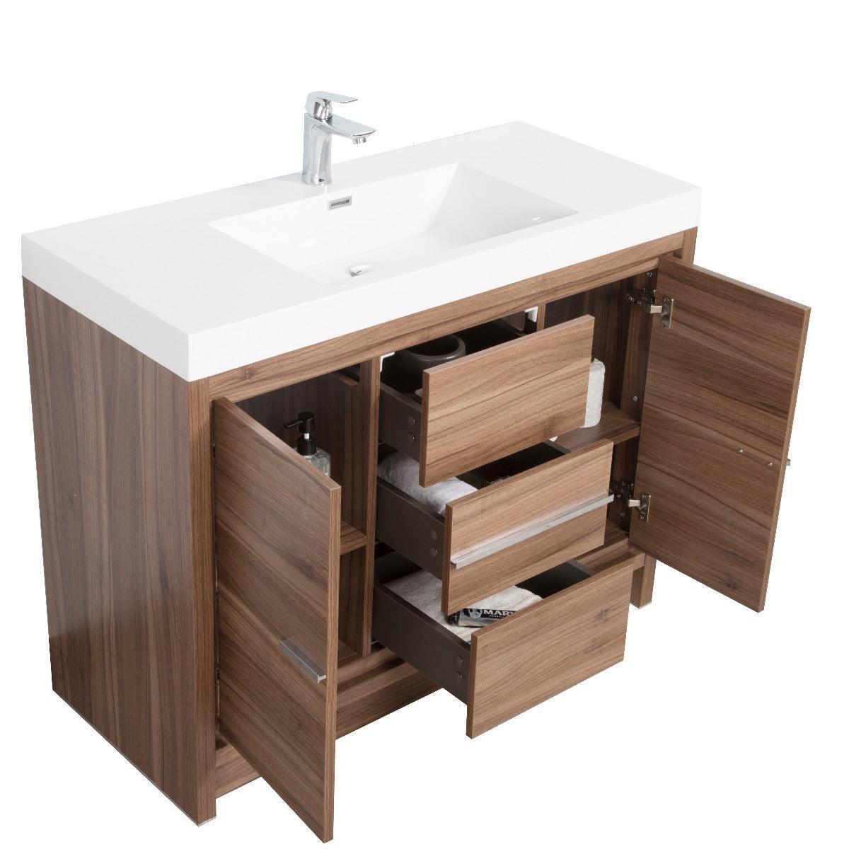 48" Walnut Freestanding Bathroom Vanity with White Polymarble Countertop - Golden Elite Deco