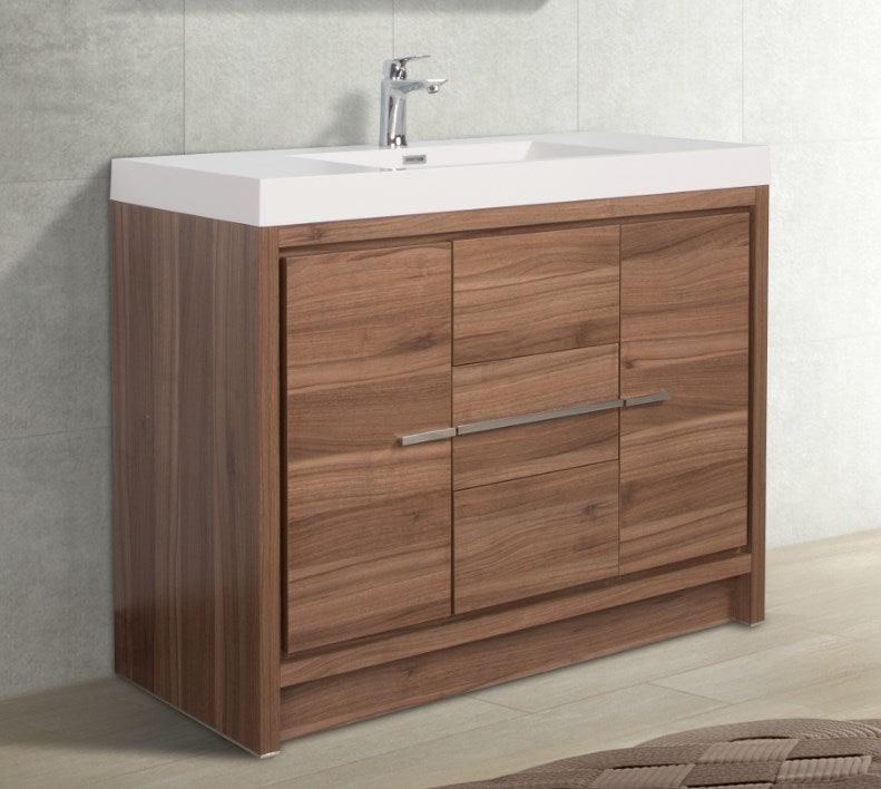 48" Walnut Freestanding Bathroom Vanity with White Polymarble Countertop - Golden Elite Deco