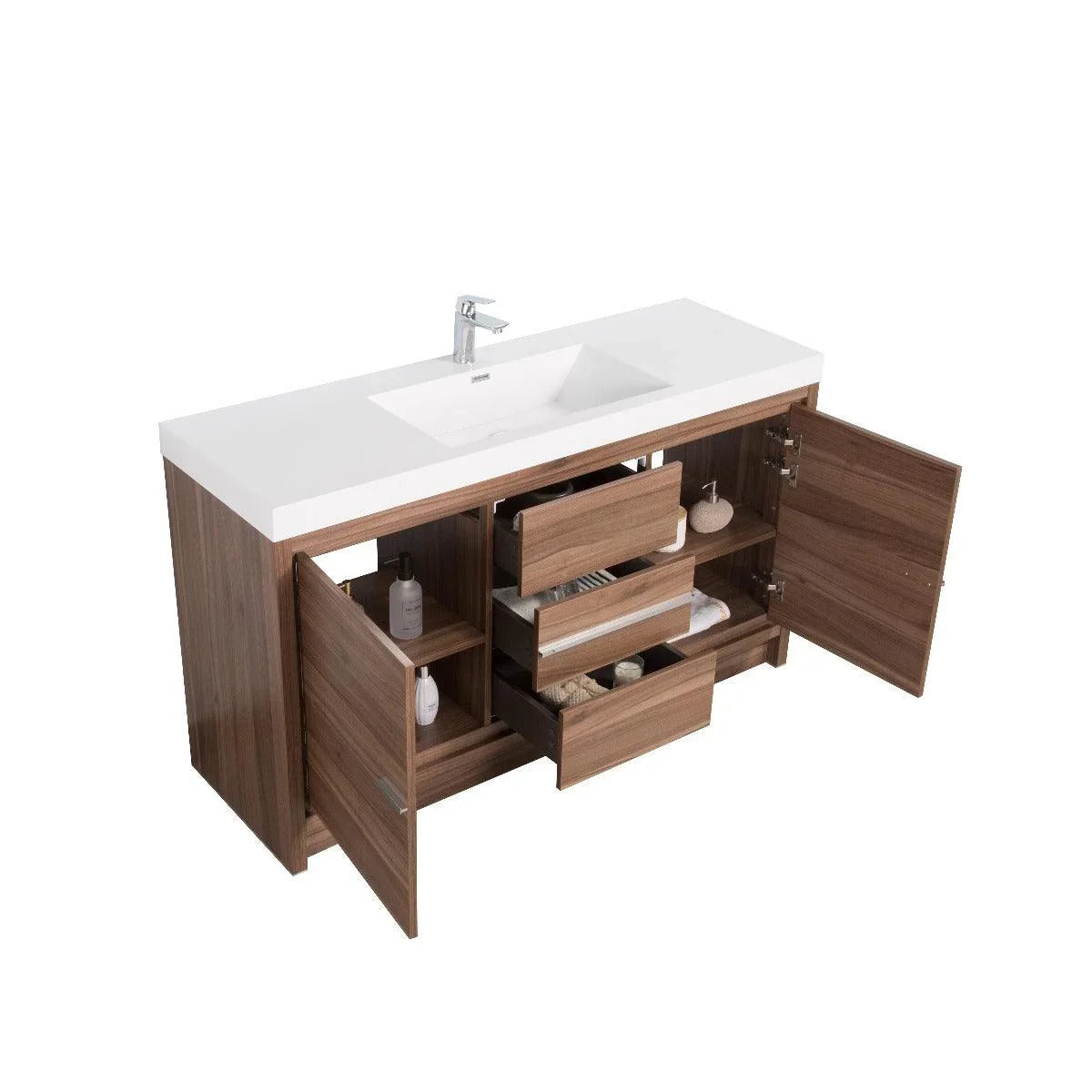 60" Walnut Freestanding Single Sink Bathroom Vanity with White Polymarble Countertop - Golden Elite Deco