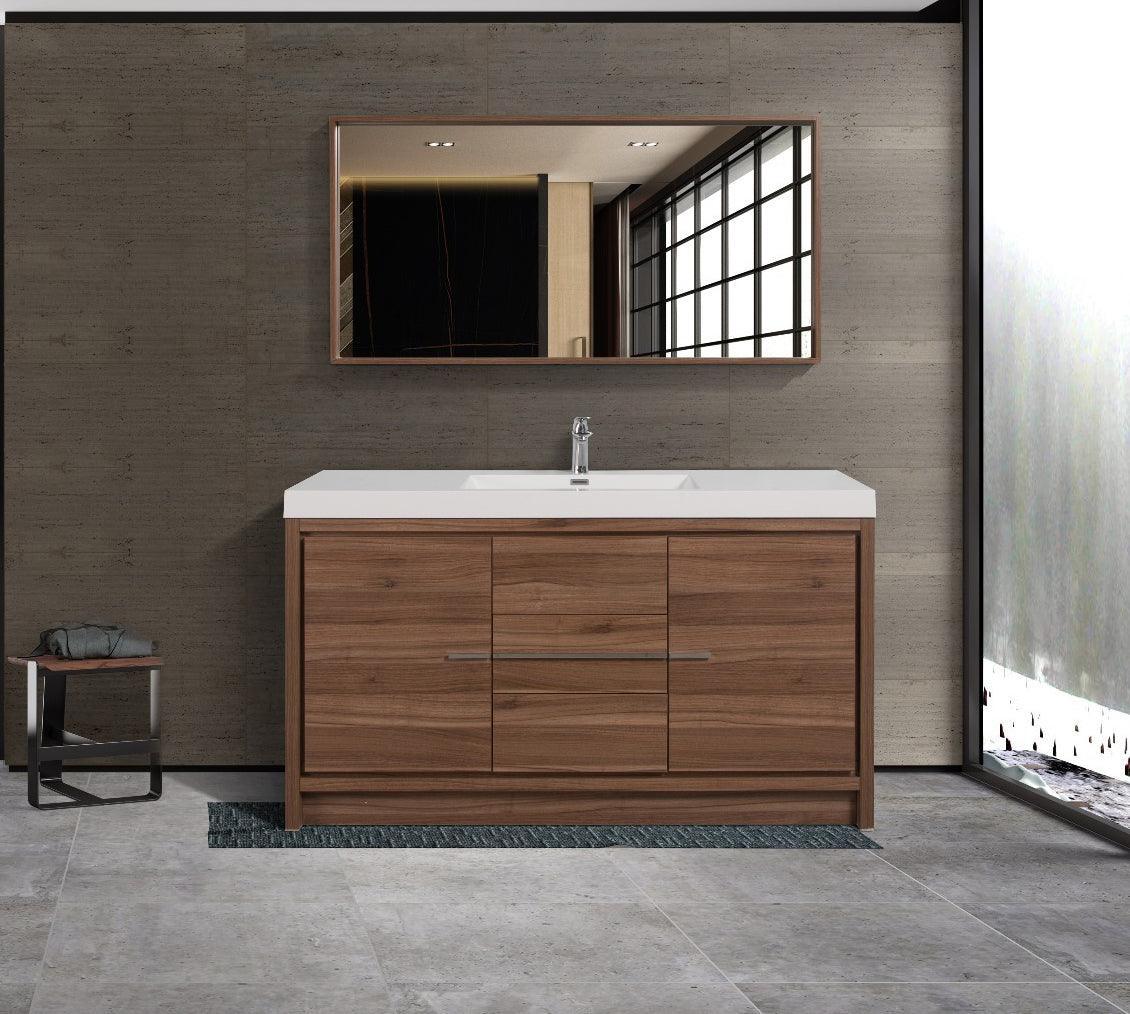 60" Walnut Freestanding Single Sink Bathroom Vanity with White Polymarble Countertop - Golden Elite Deco